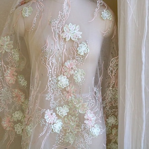 BABY PINK MINT 3D Lace Fabric With Rhinestones, Green Seaweed Lace ...