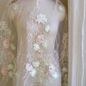 Tessuto in pizzo 3D rosa menta con strass, applicazione in pizzo verde alghe con bolle per abbigliamento, costumi da ballo, abiti da sera F021