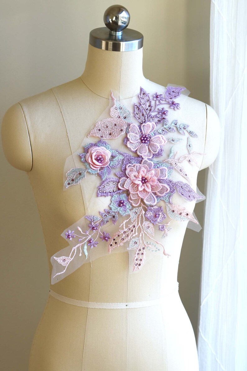 A094b Lavender Baby Pink Blue Colorful Beaded Lace Applique Etsy
