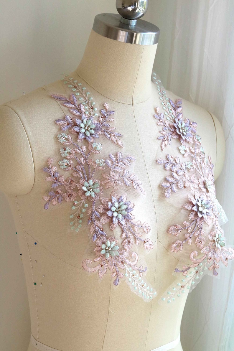 A154-b Pink Mint Lavender Corded Lace Applique, Large Mirror Pair Lace, Dancing Costume Lace Applique, 3D Lace Applique, Pearl Beaded Lace image 2