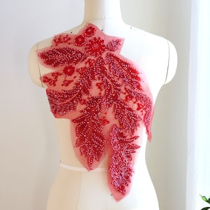 RED Leaf Lace Applique, Heavily Beaded with Shiny Sequins for Couture Gown, Lyrical Dancing Costume, Prom Dress, Evening Dress A091-G