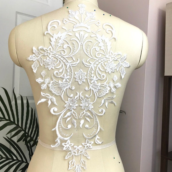 A053 High Quality Light Ivory Lace Applique, Rayon Classic Royal Pattern, Bodice Lace Applique, Bridal dress Lace Applique