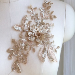 CHAMPAGNE GOLD 3D Shiny Sequin Lace Applique, Flower Lace Applique for Evening Gown, Prom Dress, Dancing Costume, Ballet A175-D