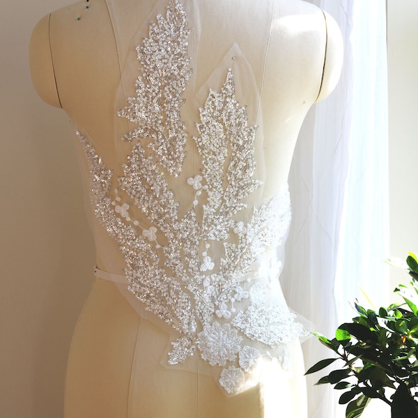 WHITE and SILVER Leaf Lace Applique, Heavily Beaded with Shiny Sequins for Couture Gown, Dancing Costume, Prom Dress, Evening Dress A091-I