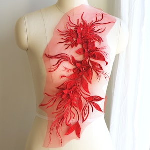 BRIGHT RED 3D Pearl Studded Flower Lace Patch Applique for Dancing Costume, Ballroom Gown, Prom Dress, Ballet, Fashion Garment A089-E