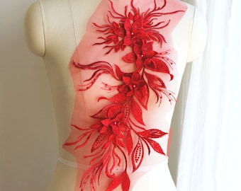 BRIGHT RED 3D Pearl Studded Flower Lace Patch Applique for Dancing Costume, Ballroom Gown, Prom Dress, Ballet, Fashion Garment A089-E