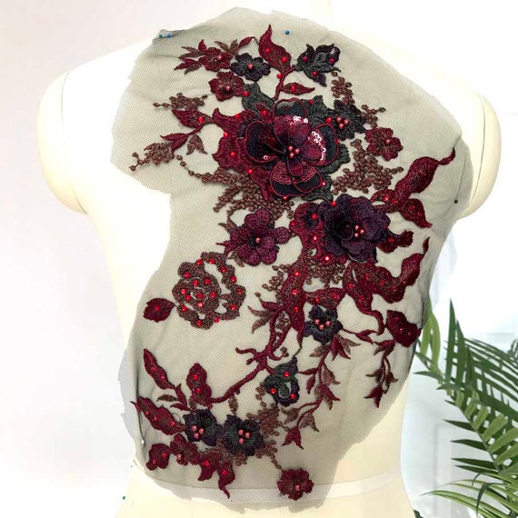 BURGUNDY, PURPLE Pearl Beaded Bodice Flower and Leaves Lace Applique for  Dance Costume, Evening Gown, Prom Dress, Homecoming Dress A016-B