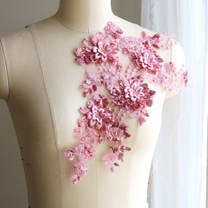 ROSE GOLD Sequin Lace Applique with Four 3D Flowers for Couture Dance Costumes, Ballet, Formal Dresses, Prom Dresses. Rose Pink A218-B