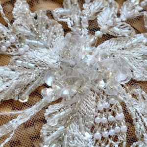 OFF WHITE Hand Made Beaded Shiny Sequin Lace Applique for Bridal, Veil, Luxury Couture Gowns, Shiny Prom Dress, Ballet, Sashes A026-H