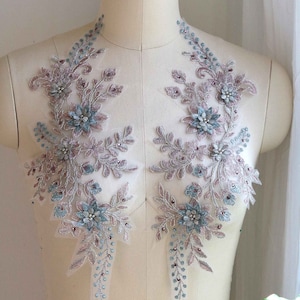 Aplique de encaje con cordón 3D en oro rosa y verde azulado con cuentas para planchar para disfraces de baile de alta costura, vestidos de fiesta y vestidos de salón A154-D