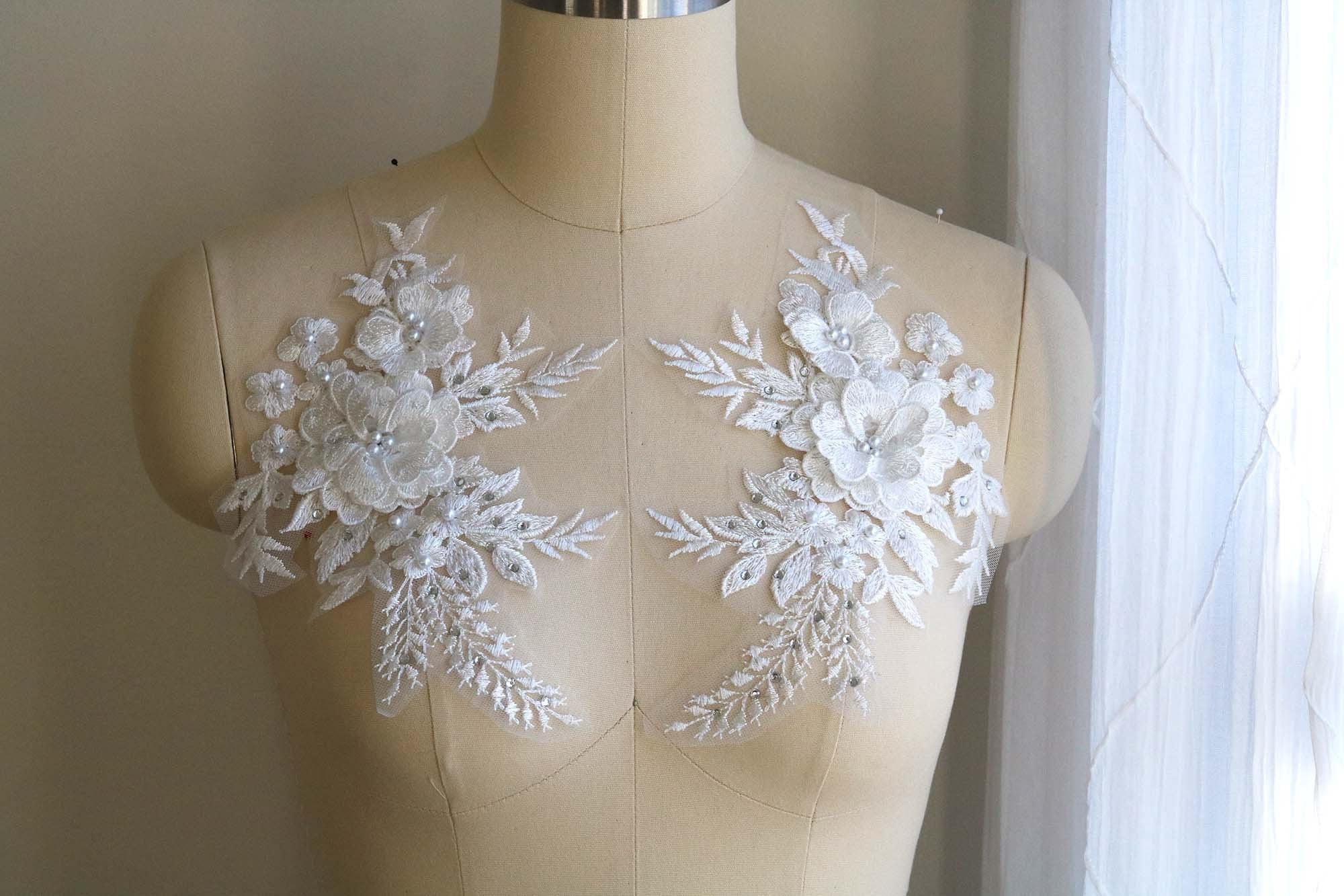 OFF WHITE 3D Lace Applique Pair, 3D Flower and Leaf Design with Sew On Beads, Beaded Pearls for Wedding Gown, Bridal Veil, Prom Dress A179-D