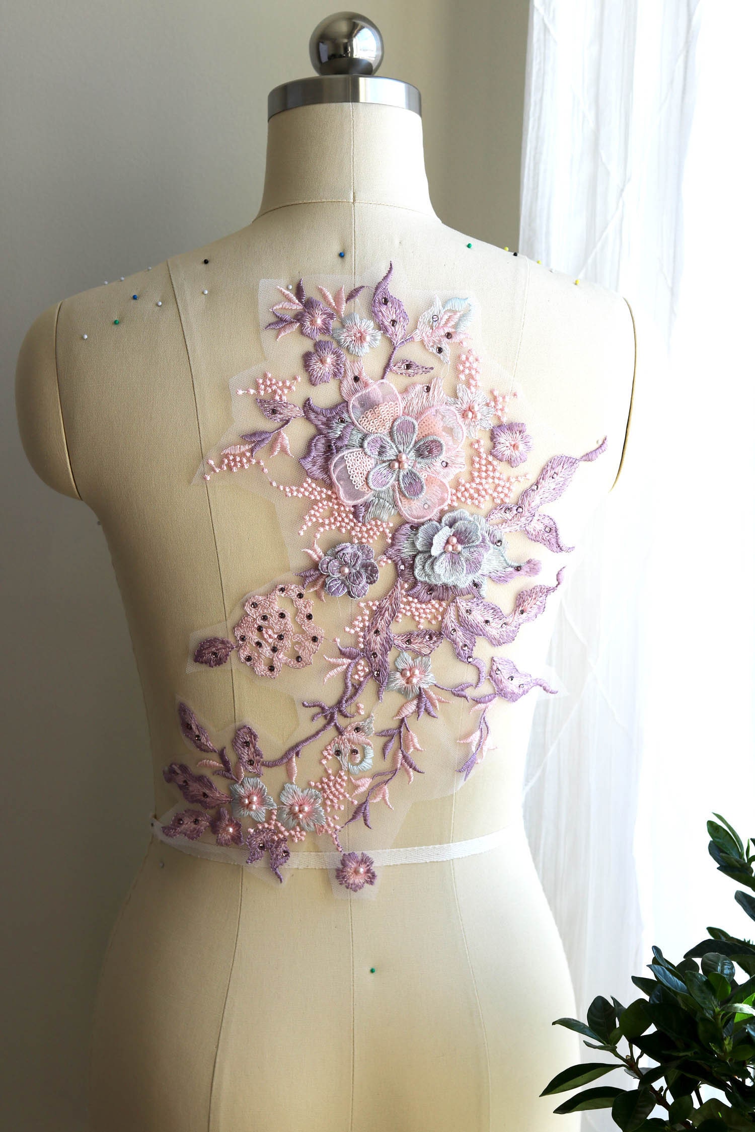 A016-f Pink Lavender Lace Applique 3D Pearl Beaded Lace Lace | Etsy