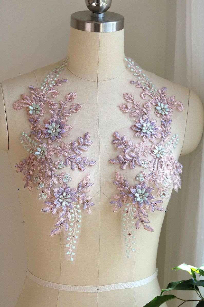 A154-b Pink Mint Lavender Corded Lace Applique, Large Mirror Pair Lace, Dancing Costume Lace Applique, 3D Lace Applique, Pearl Beaded Lace image 1