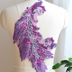 Applique de dentelle à sequins brillants Phoenix VIOLET pour costume de danse, costume de patinage, ballet, robe de bal, robe de soirée, jupe A150-C