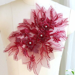 BURGUNDY Rhinestone 3D Pearl Beaded Flower Lace Applique for Lyrical Dancing Costume, Gown, Ballet, Skirt, Prom Dress. Dark Red A161-A