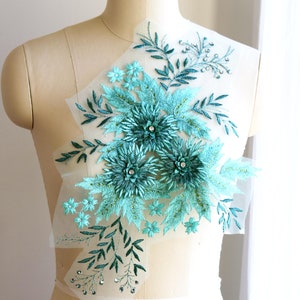 MINT 3D Beaded Lace Patch Applique with Leaves, Flowers, and Rhinestones for Dancing Costume, Prom Dress, Evening Dress A090-E