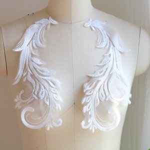Appliques de dentelle à sequins en queue de phénix BLANC, paire de miroirs pour robe de mariée, voile de mariée, accessoires de mariée, robe de reconstitution historique, pièce de tête A137-D