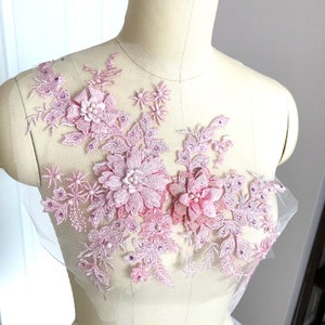 PINK 3D Corded Bodice Lace Appliqué with Pearls and Beads for Prom Dress, Evening Dress, Couture Dance Costume, Ballet A036-B