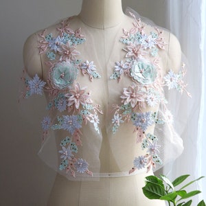 Apliques florais 3D em azul menta rosa pastel, renda com contas de pérolas para traje de dança lírica, vestido de noite, balé, vestido de baile A130-C