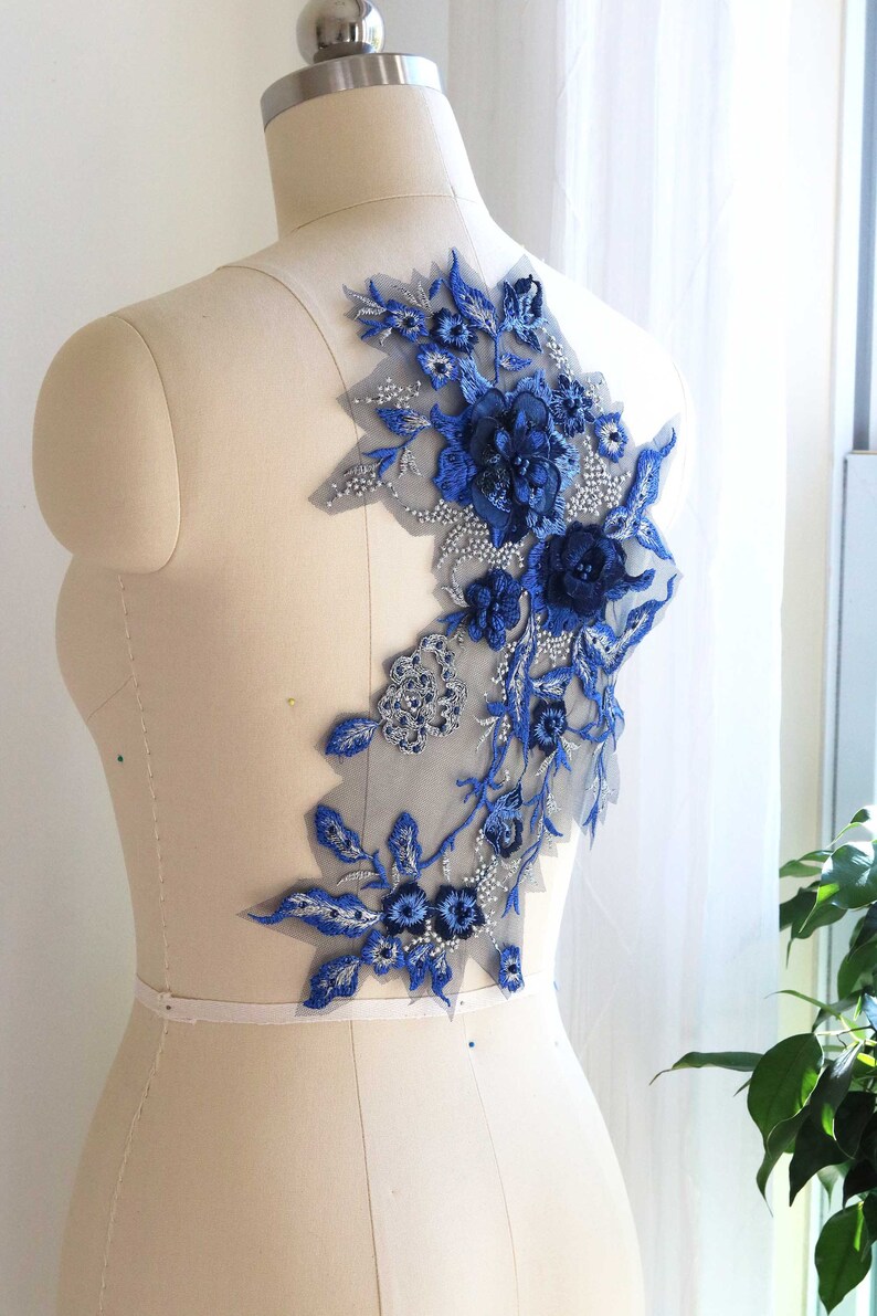A016-h Royal Blue Lace Applique Navy Blue 3D Pearl Beaded | Etsy