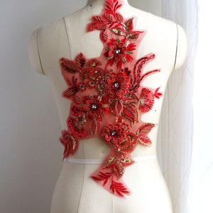 RED GOLD 3D Crystal Flower Embroidered Lace Applique with Rhinestones for Lyrical Dance Costume, Gown, Prom Dress. Large and Small A131-B
