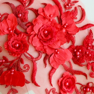 RED 3D Blumen Stickerei Aufnäher Spitzen Applikation mit Perlen Perlen für Tanzkostüm, Abendkleid, Modeprojekt A025-K