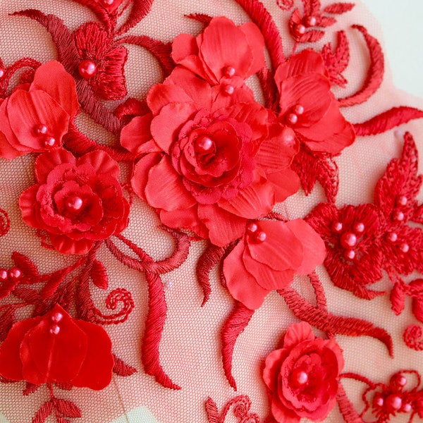 A025-k Red Beaded 3D Flora Lace Applique, Fashion Project 3D Beaded Embroidered Lace Applique Red Color with Pearl for Prom Evening Dress