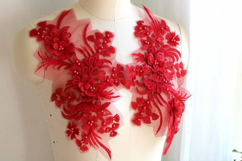 A158-c Bright Red Lace Applique Pearl Beaded 3D Lace - Etsy