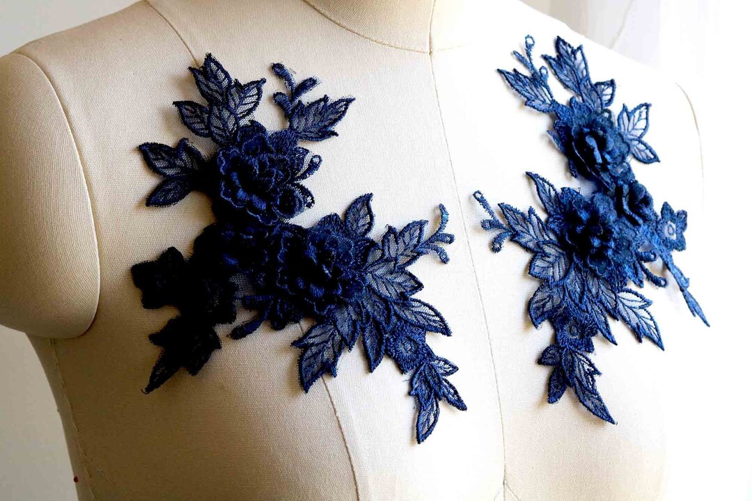 NAVY BLUE 3D Floral Lace Applique With Flowers and Leaves, Mirror Pair ...