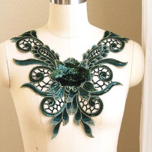 Aplique de encaje bordado con lentejuelas y escote en V de color verde esmeralda con bordes dorados, verde cazador, para prendas personalizadas, vestido de fiesta nupcial A240-A
