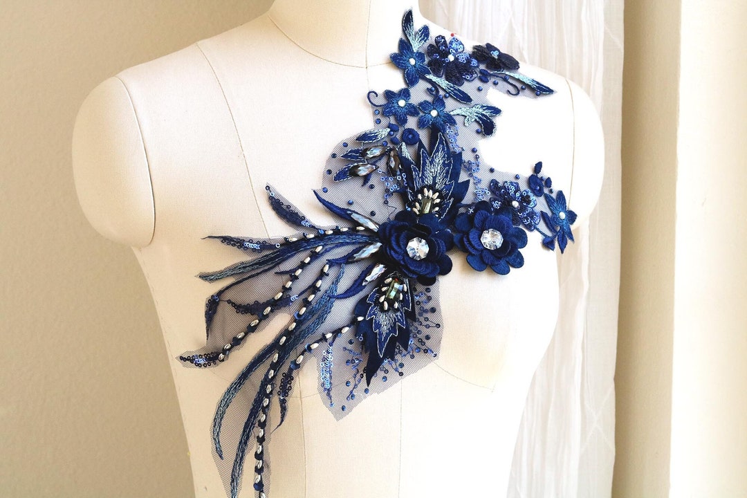 NAVY BLUE 3D Bouquet Lace Applique, Crystal Beaded With Large Hand Sewn ...