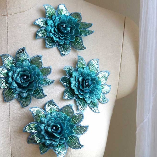 TEAL 3D Sequin Flower, Blue Green Single Flower Lace, Dancing Costume Flower Lace Applique, Head Piece Lace, Shoe Lace, Wrist Flower A153-A