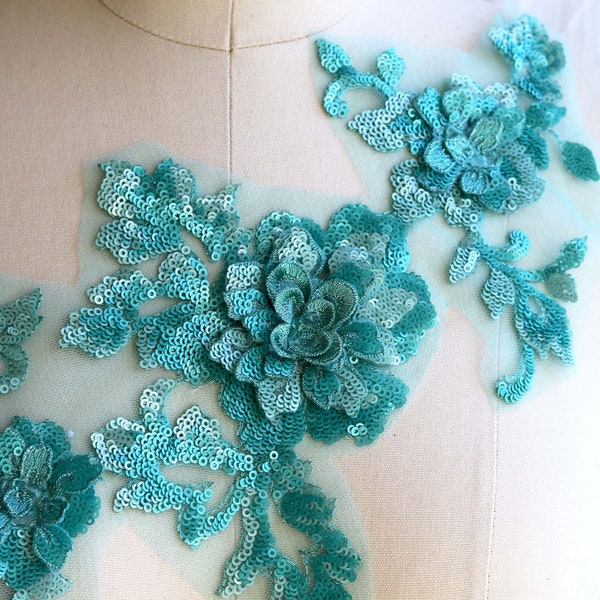 A100-c Teal Blue Sequin 3D Lace Applique for Dancing Costume, Blue Lace for Prom Dress, Evening Dress, Fashion Design, Teal Blue Head Piece