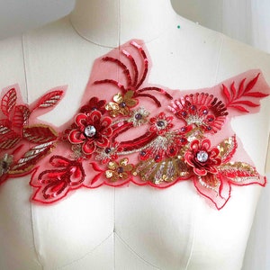 RED GOLD 3D Crystal Flower Embroidered Lace Applique with Rhinestones for Lyrical Dance Costume, Gown, Prom Dress, Sleeves. Small A131-Q