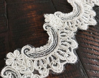 T001 Ivory Lace Trim For Veil, Garter Lace, Corded Lace Trim, Alencon Lace Trim, DIY Bridal Veil Lace, Lace Trim by Yard, Rayon Lace Trim