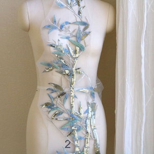 Tissu en dentelle avec feuilles de bambou, argent, or MENTHE avec appliques de dentelle de perles de paillettes pour costumes de danse, amateurs de bambou, robes de soirée A246-B