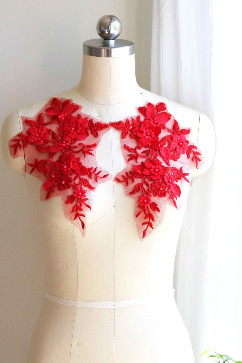 Bright Red Lyrical Dancing Lace Bead on Pearl Lace Applique Red Dancing Costume Lace Applique A139-c Red 3D Lace Applique Mirror Pair