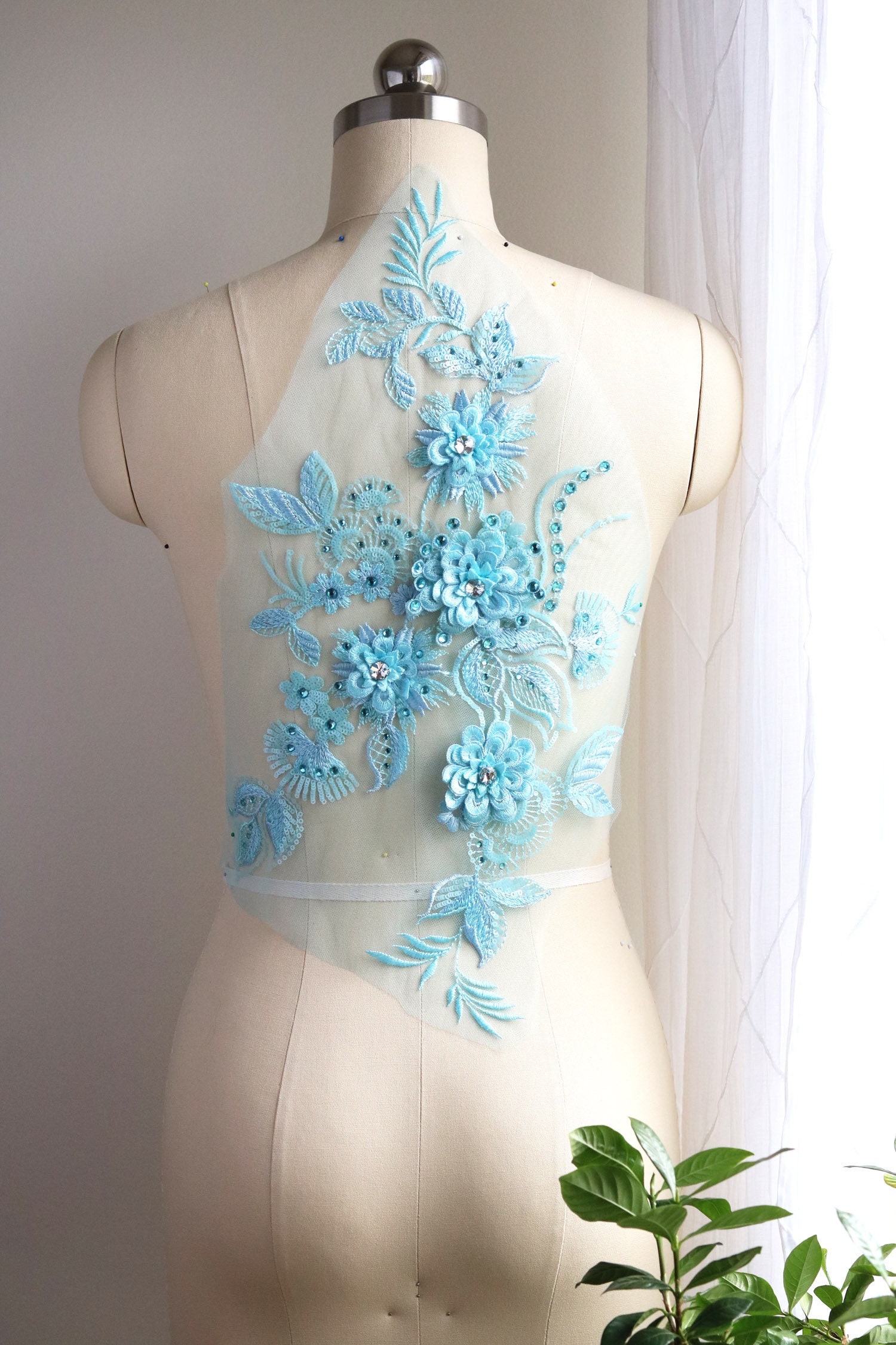 Turquoise Blue 3D flower Lace Applique Large Crystal Lace | Etsy