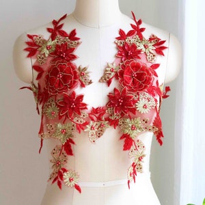Aplique de motivo floral 3D ROJO y ORO, tela de encaje bordado con cuentas de perlas para traje de baile lírico, vestido de noche, ballet, fiesta de graduación A130-E