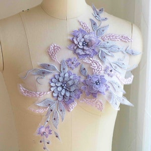 LAVENDER PINIK BLUE 3D Koronkowa aplikacja z tiulowymi kwiatami, liśćmi i perłami na kostium do tańca, suknia A134-E