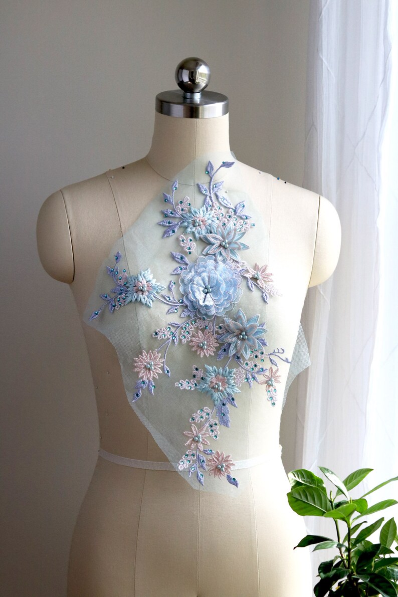 Blue Lace Applique 3D flower Lace Applique sky blue Pearl Etsy