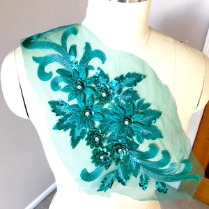TEAL (BLUE GREEN) 3D Floral Lace Applique with Sparkling Sequin and Rhinestones for Lyrical Dancing Costume, Evening Gown, Prom Dress A027-C