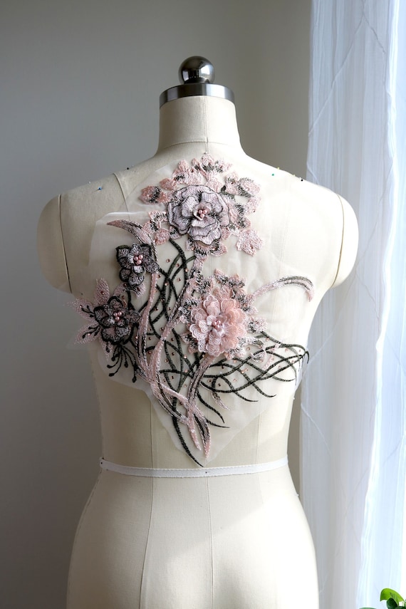 Pearl Beaded Applique Dancing Costume Lace Lyrical Dancing Costume Lace 3D Lace Applique A166-a Rose Gold Lace Appliqu\u00e9