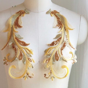 Applique de dentelle à sequins en queue de phénix OR, paire de miroirs pour costume de danse, robe de bal, robe de reconstitution historique, costume de ballet, couvre-chef A137-C