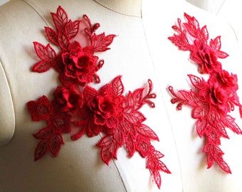 RED 3D Floral Lace Applique with Flowers and Leaves, Mirrored Pair for Dancing Costumes, Garments, Gowns A189-A