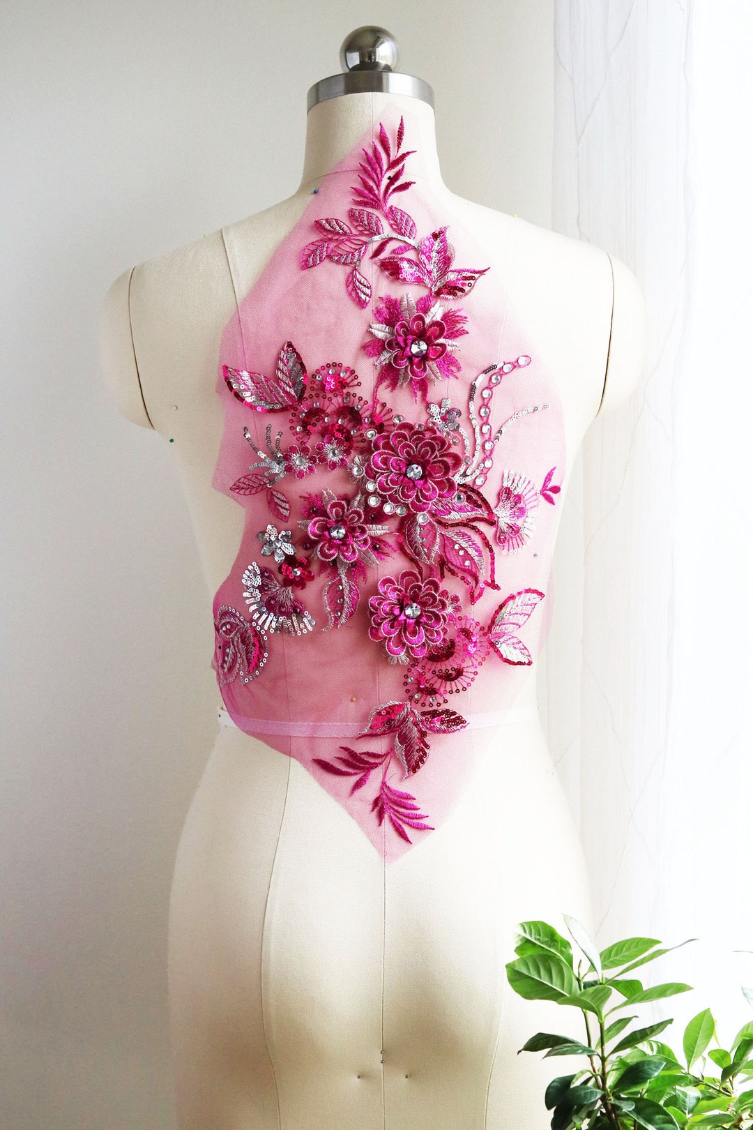 Large Crystal Lace Applique, Hot Pink 3D Flower Lace Applique, Fuchsia