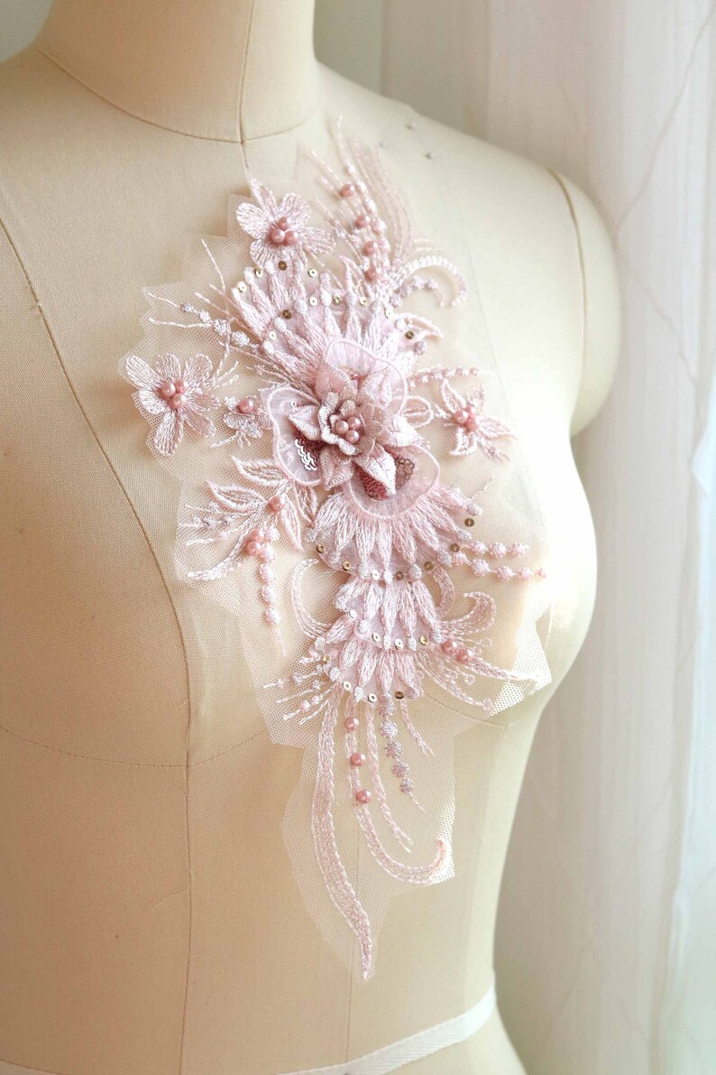 Pearl Beaded Applique Dancing Costume Lace Lyrical Dancing Costume Lace 3D Lace Applique A166-a Rose Gold Lace Appliqu\u00e9