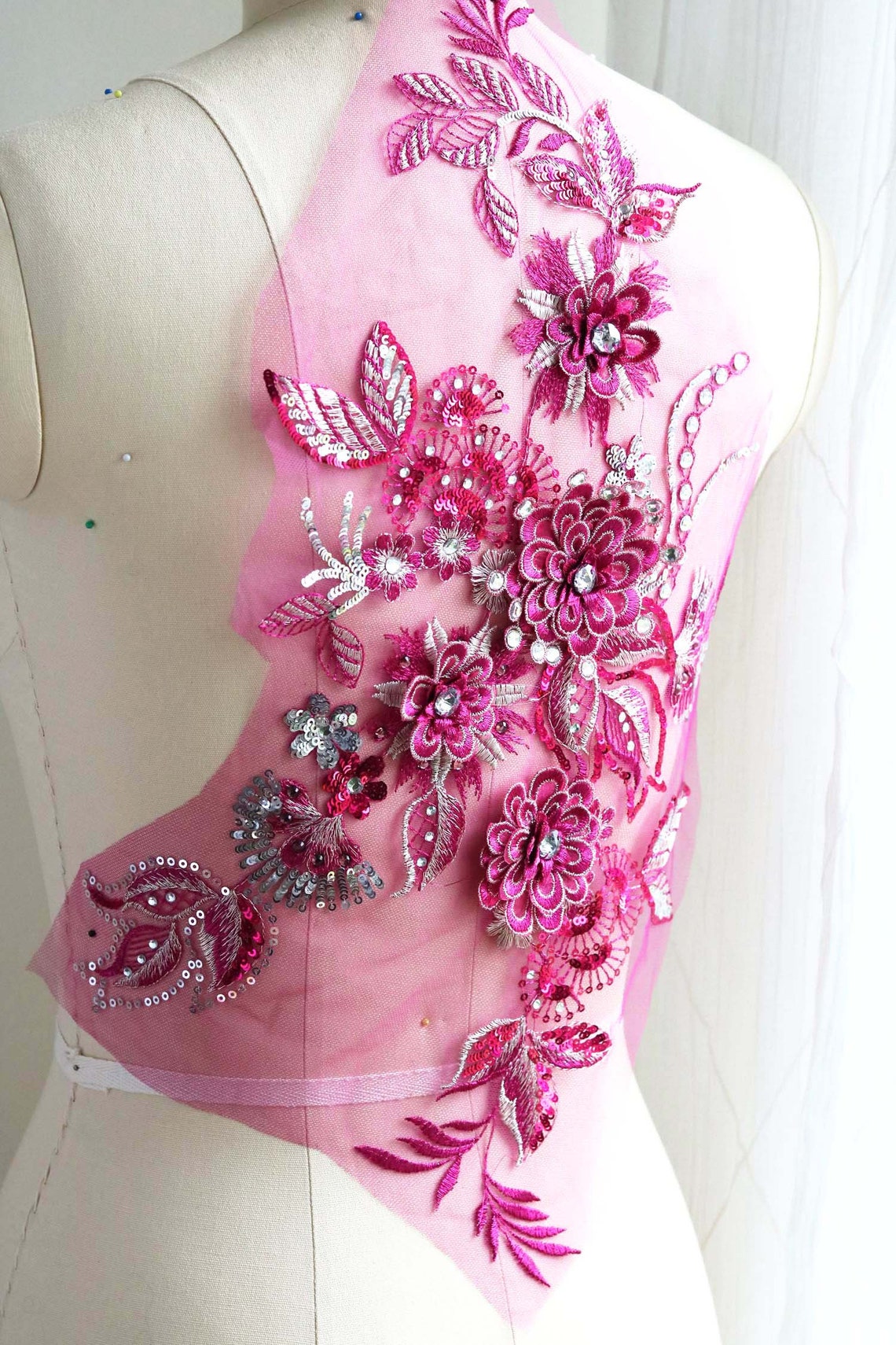 Large Crystal Lace Applique Hot Pink 3D Flower Lace Applique Etsy