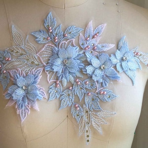 BABY BLUE & PINK 3D Pearl Beaded Floral Design Lace Applique with Rhinestones for Dancing Costume, Prom Dress, Skirt, Sash, Ballet A159-D
