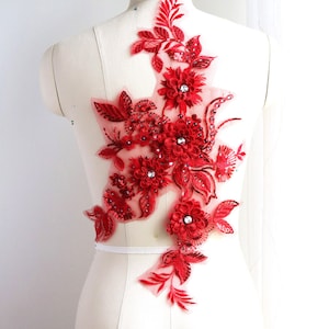 RED 3D flower Lace Applique, Embroidered Dancing Costume Lace Applique, Large Crystal Lace Applique, Lace for Prom Dress A131-E